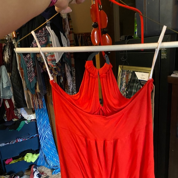 Super cute red/coral/orange tank top with a beaded ornamental neck tie - Picture 2 of 2